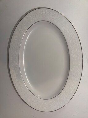 Vintage Rose China Serving Platter 12.5" Oval White Spanish Lace w/Silver Trim